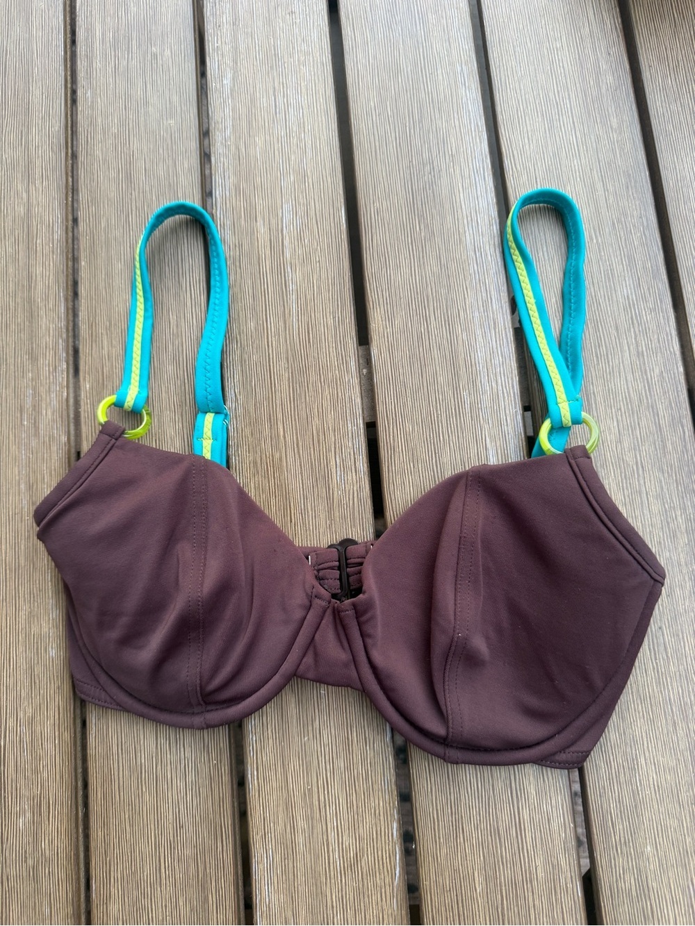 Brown Underwire Bikini Top with Teal and Lime Strap Accents